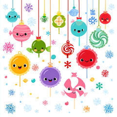 a vector illustration of cute, kawaii candy characters hanging from lollipops, snowflakes, and colorful decorations on a white background