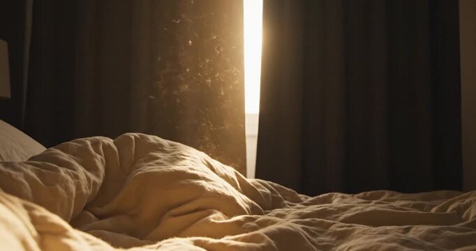 Dust Motes Dancing in Morning Sunlight Through Bedroom Curtains.