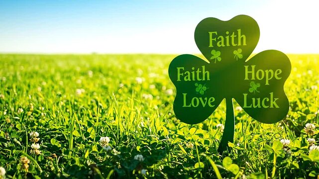 Bright and vibrant Saint Patrick's Day Shamrock leaf clover in a sunny green field, symbolizing faith, hope, love, and luck, a perfect lucky charm for spring celebrations.