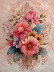 watercolor, vintage floral bouquet on an ornate paper background, in shades of pink and light peach