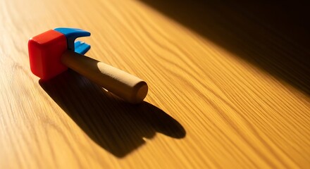 Wooden toy hammer casting a shadow on a warm wooden surface backdrop