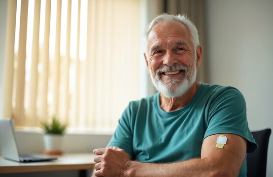 Elderly man smiles after getting vaccine injection in arm. He shows adhesive bandage after flu shot or covid jab. Health care for old people.