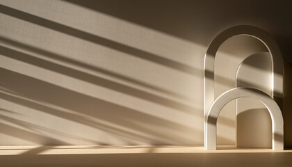 Modern minimalist interior with arched cutouts and shadows