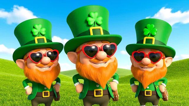 Three Happy Cartoon Leprechauns with Heart Sunglasses Celebrating Saint Patrick's Day, featuring Vibrant Shamrock leaf clover on their hats in a Green Field