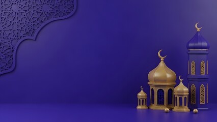 Ramadan Eid Mubarak Purple Background with Gold Islamic Lanterns
