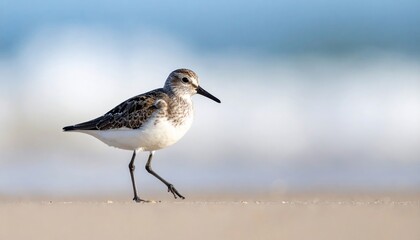 Obraz premium A small shorebird walks on a sandy beach, with a blurred ocean background