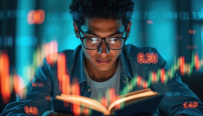 Young man studies finance book. Stock market graphs overlay his face. He learns about investment and economic data. He is analyzing charts, gaining knowledge.