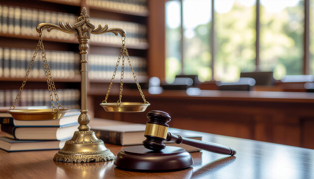 A courtroom scene with a gavel and scales of justice on a wooden table near law books and a window