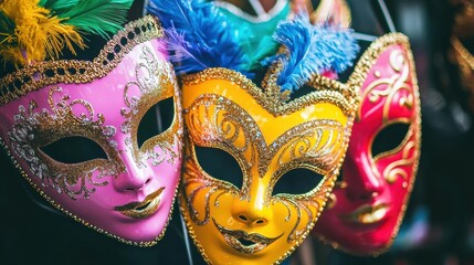 Three colorful, ornate masks with feathers and glitter details are displayed, facing forward in a close-up view. AI.