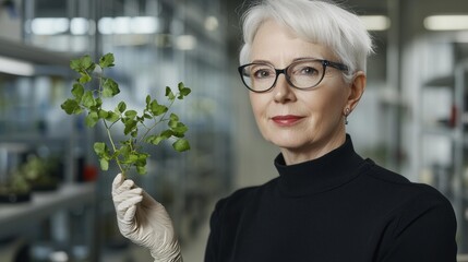 Woman in glasses holds a green plant with a gloved hand. AI.