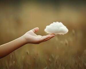 A hand holds a small, fluffy white cloud outdoors. AI.