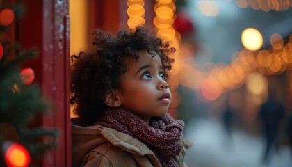 Young Black child looks up in awe at Christmas lights at outdoor market. Festive season brings wonder and excitement for little girl. Winter holiday spirit brightens her face.