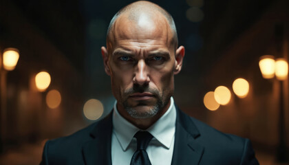 Bald man in suit stands in darkness. His face shows serious expression. Lights blur in background. He looks at camera with intense blue eyes.