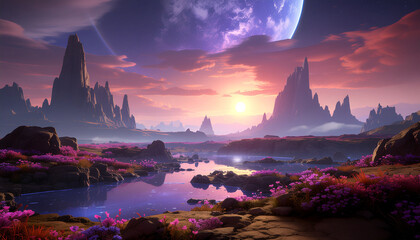 A serene landscape of a planet with rocky formations and vibrant purple flora at sunset