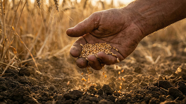 Parable of the Sower. Close-up of Jesus Christ's hand throwing wheat seeds onto the soil. Seeds frozen in mid-air, motion blur. Golden hour sunlight, warm tones, fertile earth background