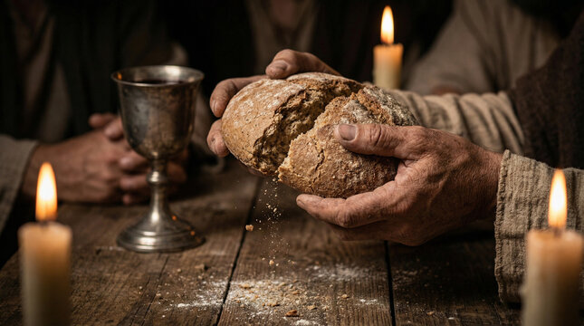 The Last Supper, Eucharist concept. Close-up of Jesus Christ's hands breaking a loaf of rustic bread. Crumbs falling, warm candlelight, chalice of wine in the background.