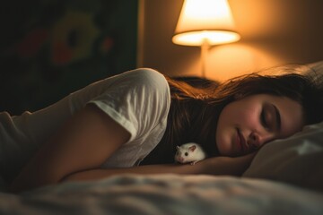 A woman sleeps in bed with a small white hamster nestled on her arm, under a lamp. AI.