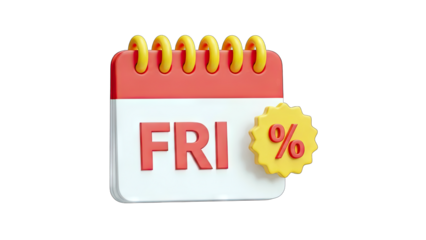 3D Calendar Icon with Friday and Percentage Symbol on transparent background