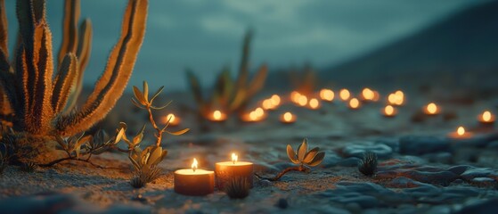 Two lit candles on sandy ground near cacti. More candles flicker in background. AI.