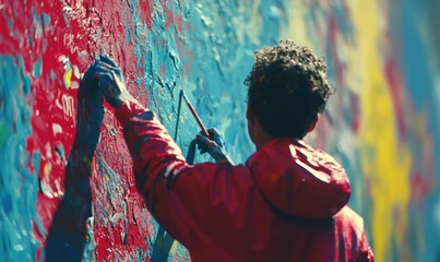 A person in a red jacket paints a colorful wall with a brush. Their hand has blue paint on it. AI.