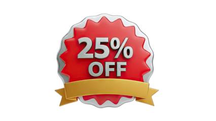 3D 25% Off Sale Icon with Ribbon on transparent background