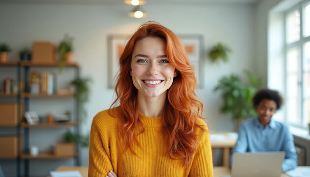 Young woman with bright red hair wears yellow sweater, smiles warmly in modern office. Coworker with dark hair works on laptop in background. Diverse team collaborates in bright workspace. - Powered by Adobe