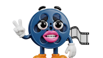 3D Cartoon film reel character making peace sign with film strip on transparent background