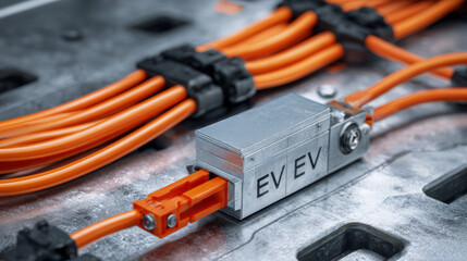 High voltage cables connected to electric vehicle battery module.