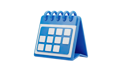 3D Blue 3D calendar icon with blank squares for dates on transparent background