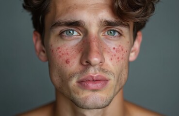 Obraz premium Young man face shows severe acne inflammation and red spots. He has blue eyes and messy brown hair. The close-up portrait highlights skin imperfections.