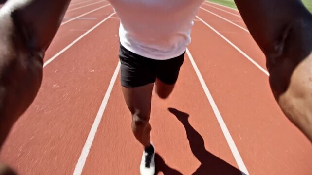 Athlete's first-person view sprinting on a red running track, dynamic motion of legs, speed and fitness concept.