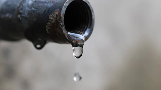 Water drip from old metal pipe illustrating leakage and resource wastage