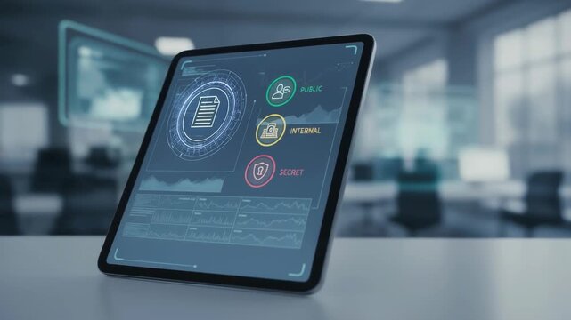 Cyber security dashboard warfare protection defense risk analysis digital tablet interface access control confidential data network modern office