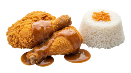 Tasty fried chicken meal with traditional gravy and a side of rice isolated on white background