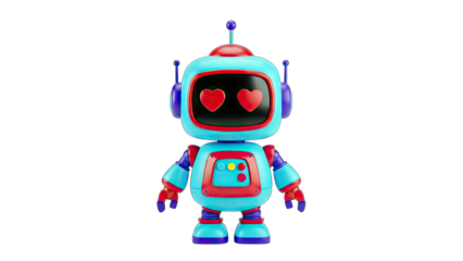 3D Cute robot with heart eyes on transparent background
