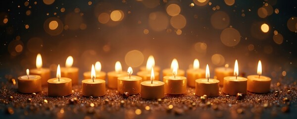 Golden lit candles on sparkly dark surface with bokeh. Festive glow from fifty small tea lights creates warm celebratory atmosphere perfect for holidays and special events like birthdays.