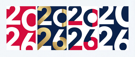 Stylized graphic design featuring the year 2026 in various color combinations including red, white, blue, and gold, arranged in a grid pattern.