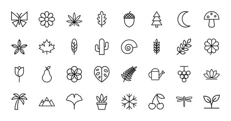 Fototapeta premium Nature and environment line icon set. Vector pictograms of butterfly, flower, leaf, acorn, tree, moon, mushroom, cactus, and mountain, thin outline illustration.