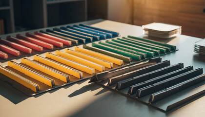 Vibrant color swatches arranged on modern office desk