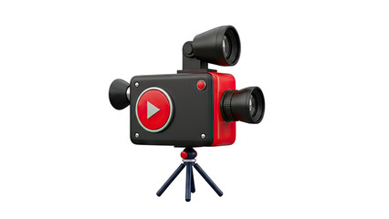 3D Retro video camera with play button on tripod on transparent background