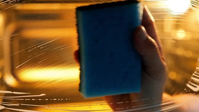 Person hand wiping soapy window glass with blue sponge for household cleaning routine on warm golden blurred