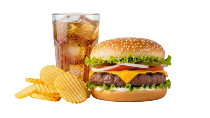 Classic cheeseburger set with potato chips and a cold carbonated drink beverage isolated on white background