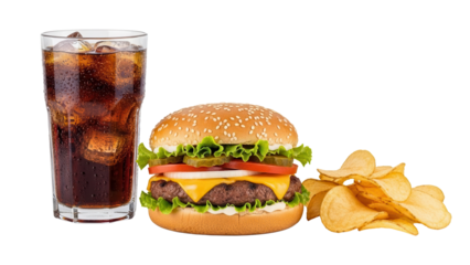 Classic cheeseburger set with potato chips and a cold carbonated drink beverage isolated on white background