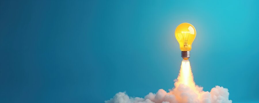 Glowing light bulb lifts off into sky like rocket ship amid clouds and smoke. Symbolizes new idea or successful project launch. Represents innovation and inspiration for business or education.