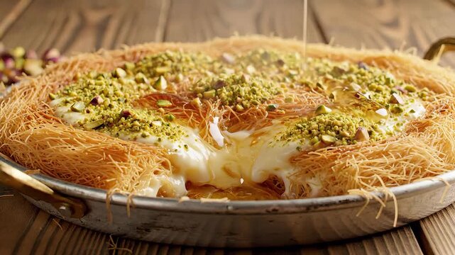 Delicious Kunafa with Cream and Pistachios Drizzled with Syrup Traditional Middle Eastern Dessert.