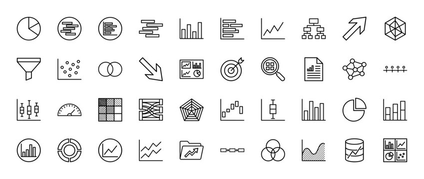 Business data visualization line icon set. Vector pictograms of bar chart, pie graph, funnel, scatter plot, gauge, boxplot, and flow diagram, thin outline illustration.