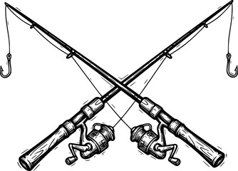 Detailed woodcut illustration of crossed fishing rods on a white
