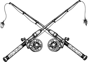 Detailed woodcut illustration of crossed fishing rods on a white
