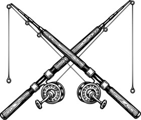 Detailed woodcut illustration of crossed fishing rods on a white
