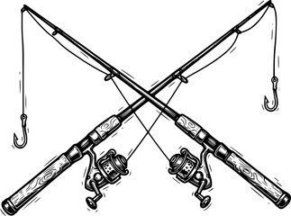 Detailed woodcut illustration of crossed fishing rods on a white
